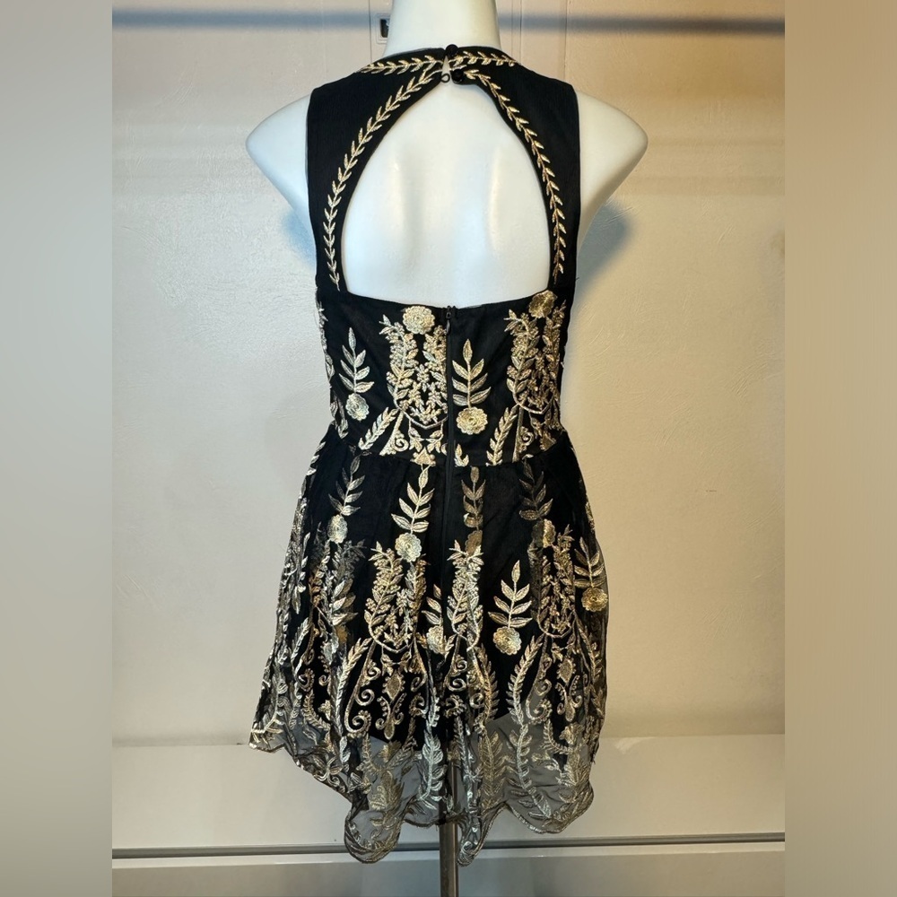 XS Altar'd State Dress Womens Small Black Gold Embroidered Floral tulle teacup - Picture 3 of 13